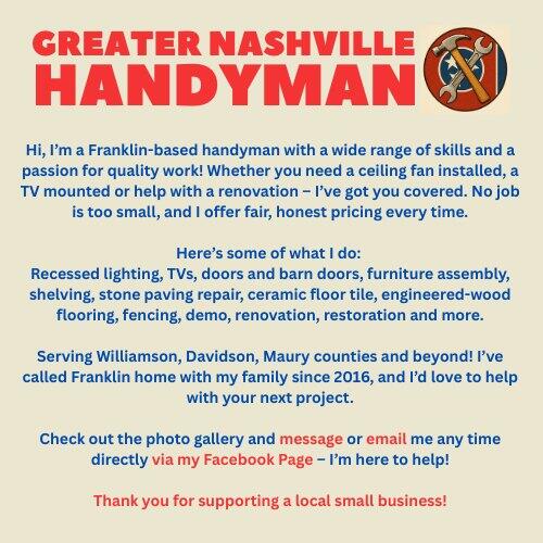 Greater Nashville Handyman service graphic listing repairs, installs, flooring, fencing, demo, renovation, and restoration